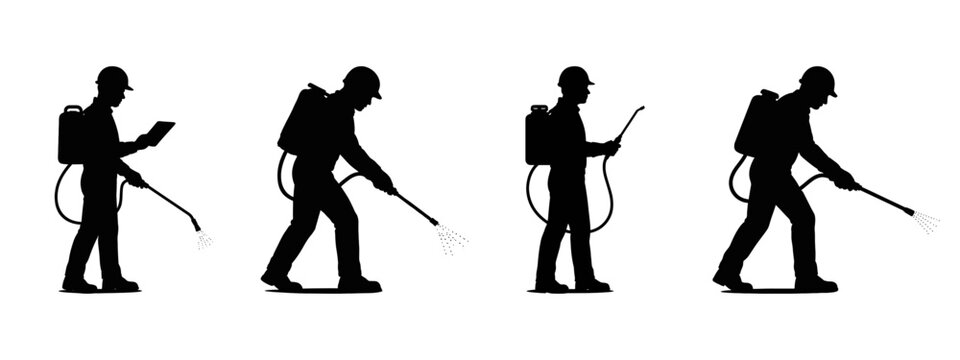 Pest Control Technician Silhouette Sequence: The dynamic silhouette of a pest control technician in action. The illustration focuses on various stages of spraying.