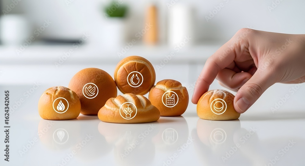 Aufkleber conceptual image of resource management, with a hand choosing a bread roll marked with a glowing ico