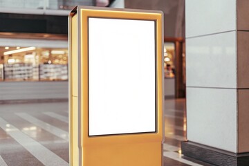 Modern digital screen mockup in shopping mall with blank vertical panel. Perfect for signage, kiosk advertising, marketing displays, commercial design, and public space branding.

