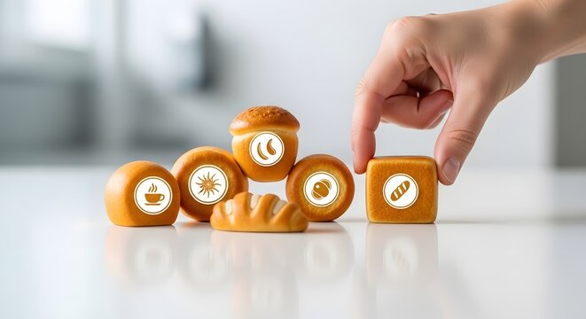 Hand arranging blocks with icons symbolizing the bread baking process. A concept for food production, ingredients, and the bakery business