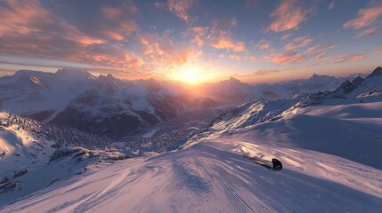 Snowy mountain range at sunset with a ski slope in the foreground and pink clouds above it all