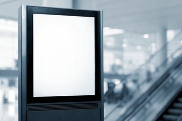 Modern digital screen mockup in shopping mall with blank vertical panel. Perfect for signage, kiosk advertising, marketing displays, commercial design, and public space branding.

