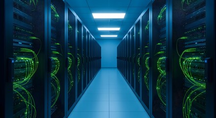 Dark server room with glowing green cables