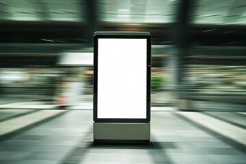 Modern digital screen mockup in shopping mall with blank vertical panel. Perfect for signage, kiosk advertising, marketing displays, commercial design, and public space branding.

