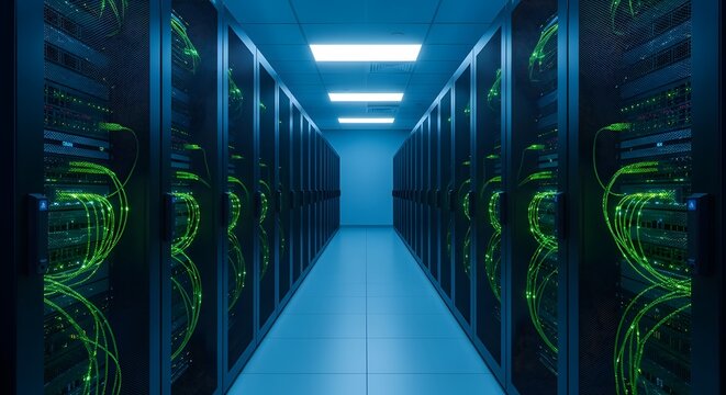 Dark server room with glowing green cables