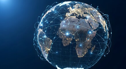 Global network sphere.  Night Earth, glowing cities, interconnected by digital lines