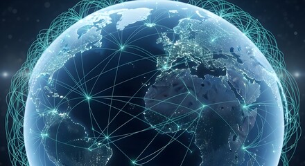 Global network, detailed Earth, glowing connections