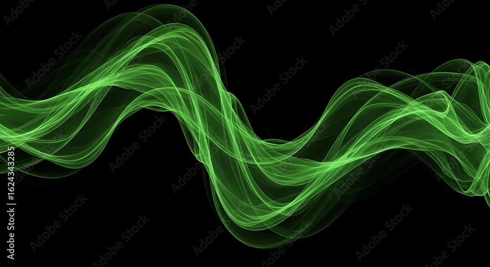 Poster elegant green energy wave background with smooth flowing lines on black canvas