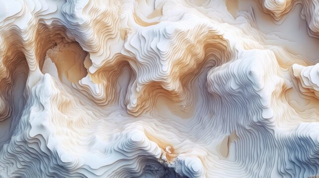 Abstract topographic map of layered mountains in beige and white.