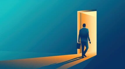 A businessman walking through a doorway with a briefcase into a bright light on a blue background
