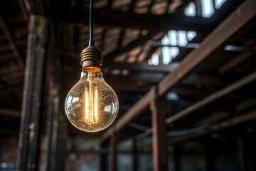 Bulb Glowing Vintage Incandescent in Rustic Industrial Space