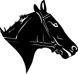 Stylized black silhouette of horse head with white mane and bridle lines; ideal for logos, branding, and decor art.