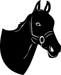 Black horse head silhouette with bridle detail; ideal for equestrian logos, icons, clip art, and animal-themed designs.