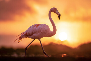 Naklejka premium Flamingo balancing on one leg at sunset