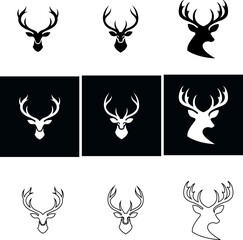 Vector deer head icon collection with silhouette, outline, and reverse styles, ideal for nature themes and gear.

