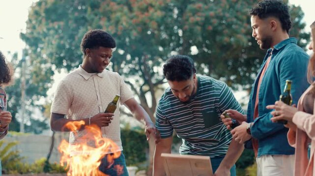 Barbecue, friends and ice box with drinks at party for celebration, reunion or new year. BBQ, alcohol and happy people with beer cooler for social gathering, event and talk together at home backyard