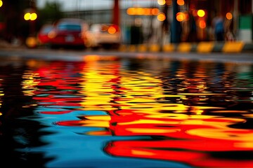 Colorful reflections in a puddle on a city street at night