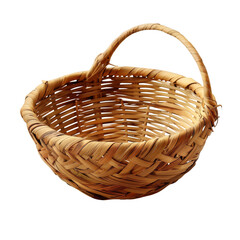 A small, round wicker basket with a handle