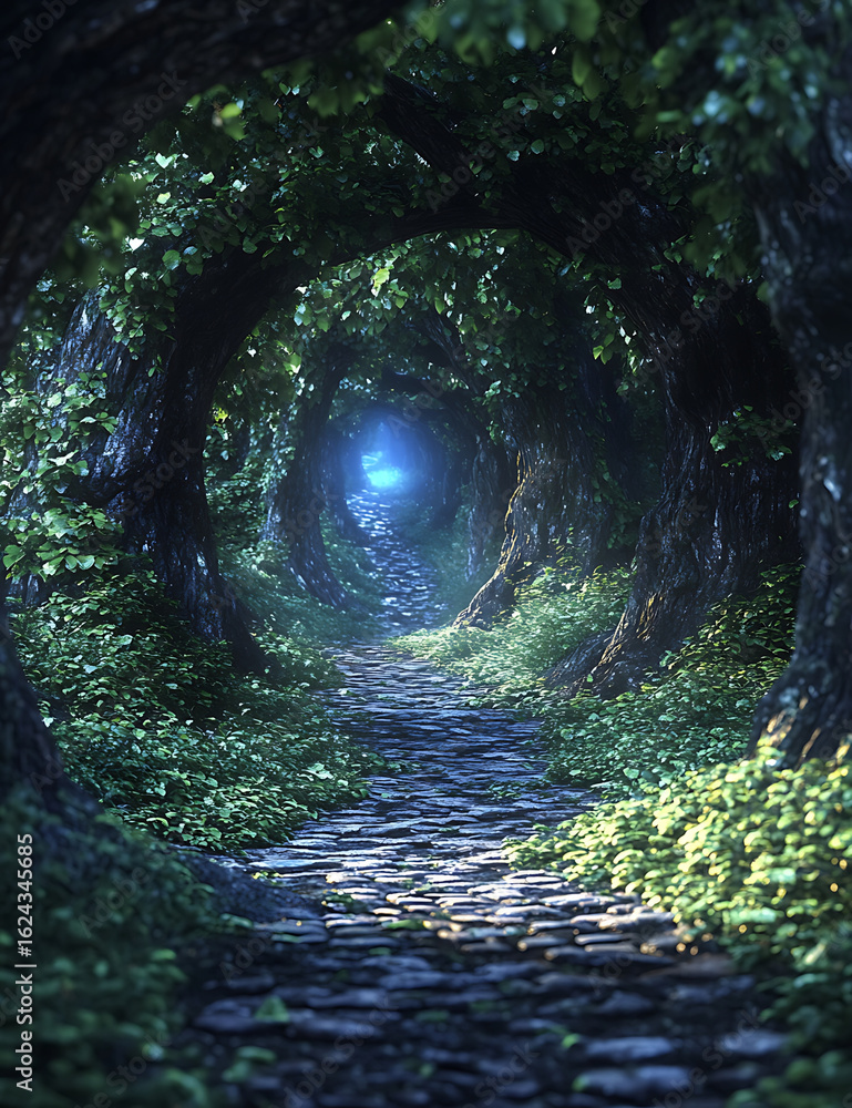 Poster mystical forest path leads through towering trees adorned with vibrant green leaves, creating enchan