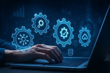 technology automation interface with glowing gear icons representing system integration and cloud computing as hands type on laptop in futuristic digital innovation background