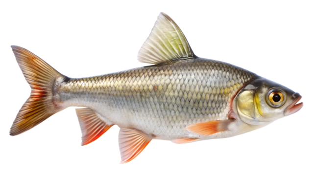 Freshwater roach fish isolated on transparent background, a common cyprinid in europe