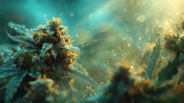 Premium Cannabis Plant Close-Up with Trichomes in Steamy Farmland Modern Botanical Research and Agricultural Innovation for Marketing Content