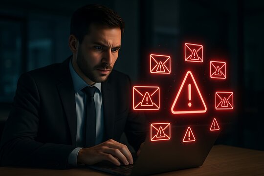 businessman receiving phishing email alert on laptop with glowing red warning symbols representing cybersecurity threat and digital fraud in modern business environment