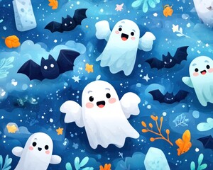 Cute ghosts and bats in a starry night