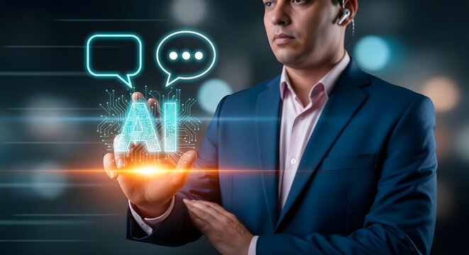 Ai artificial intelligence technology concept businessman interacting with futuristic ai