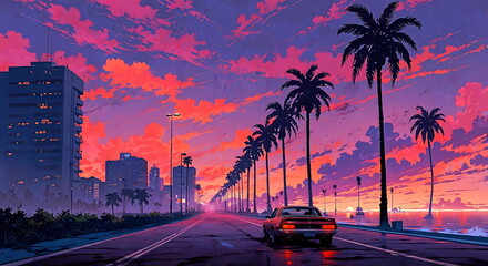 Retro sports car driving along a coastal road with palm trees at sunset, synthwave anime style