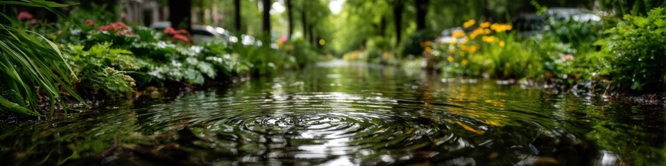 Modern Urban Rain Garden with Local Plants and Organic Mulch Authentic Sustainable Green Infrastructure for Millennial Environmental Campaigns and Marketing Content