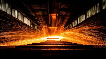 Dramatic metalworking scene with flying sparks: Industrial energy visualization for manufacturing technology campaigns and safety training materials