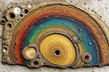 Circular, colorful ceramic art, rainbow layers, textured