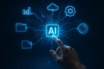 finger touching glowing ai icon in futuristic digital interface with cloud storage charts and folders representing artificial intelligence integration and data automation technology