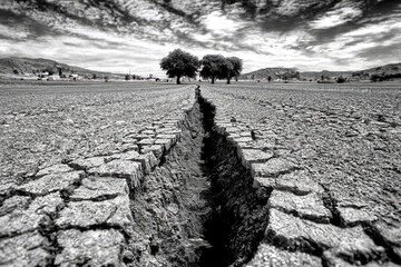 Cracked earth, dry landscape, two trees