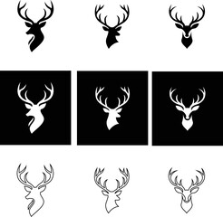 Minimal deer icon set in solid black, outline, and inverted styles, ideal for forest themes and wildlife logos.

