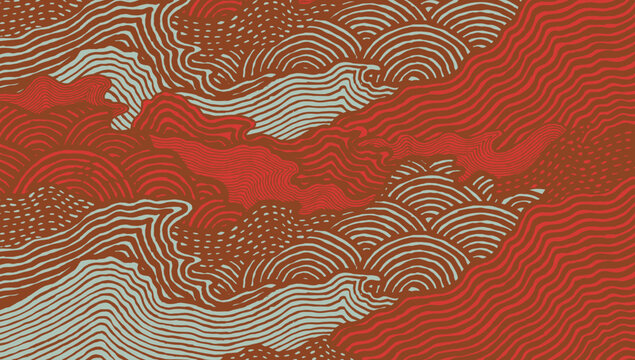 Hand drawn brush lines stylized Japanese waves and ripples abstract pattern in warm terracotta, soft red, and muted blue tones. Wood carving, block print texture background. 