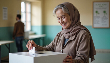 Fototapeta premium Middle-aged woman in headscarf voting at polling station