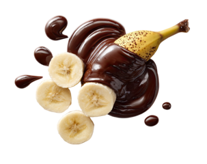Melted chocolate covers a banana and slices
