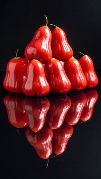 Heap of Fresh Red Rose Apples with Reflection on Black Background