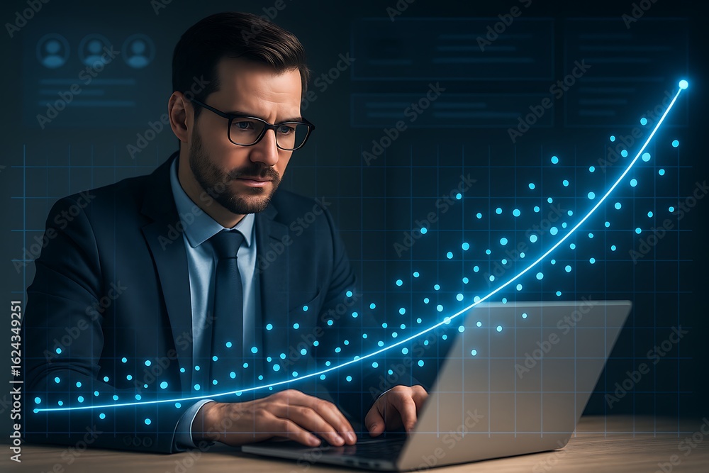 Poster focused businessman analyzing digital graph on laptop with rising data visualization representing fi