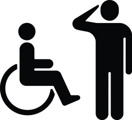Black silhouette of person in wheelchair and person saluting