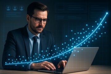 focused businessman analyzing digital graph on laptop with rising data visualization representing financial growth innovation and futuristic technology