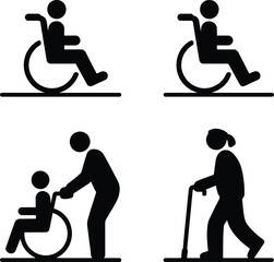 Four black silhouette icons of people with disabilities