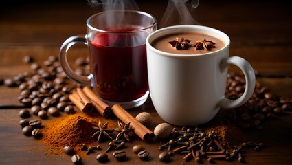 Two steaming beverages, one red and one brown, meet with spices and coffee beans in still life