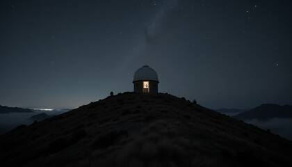 Miniature observatory dome glowing on top of a small hill – black sky surrounding – Choti Duniya