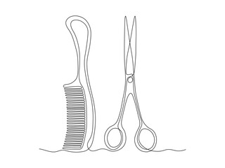 Abstract scissors and hairbrush, continuous single line art drawing sketch, logo