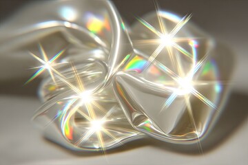 Abstract, iridescent, crumpled, metallic form with bright light flares