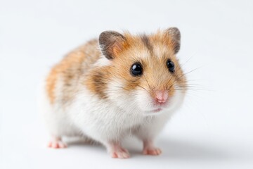 A charming golden hamster with bright eyes stands alert, showcasing its soft fur and adorable features against a clean background.