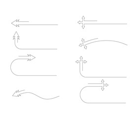 Continuous line art of various arrow shapes. Long straight arrow. Curved arrow. Turning arrow. U-turn arrow. Vector illustration concept of arrows.